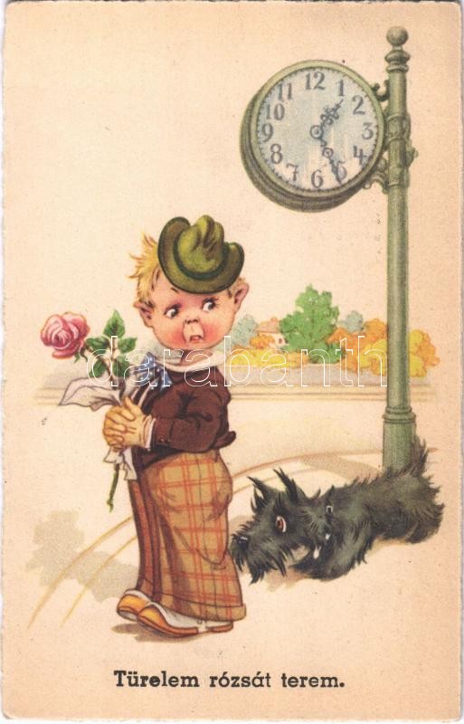 1944 Children art postcard, boy with rose and dog. Amag 0499., 1944 Türelem rózsát terem. Amag 0499.