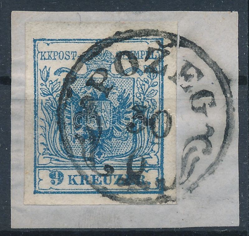 1850 9kr HP III tipus kék bélyeg lemezhibával a bal szárnyon 