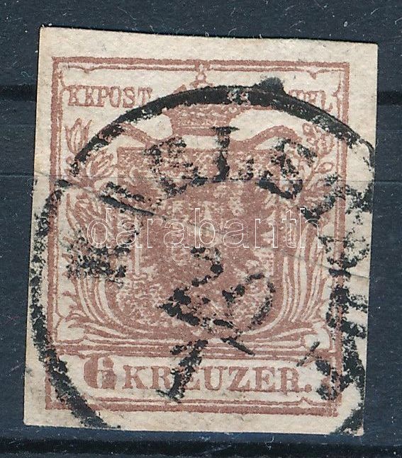 1850 6kr MP highlighted middle part, paper crease, plate flaw, 1850 6kr MP kiemelt középrész, papírránc, lemezhiba "KARLSTADT"