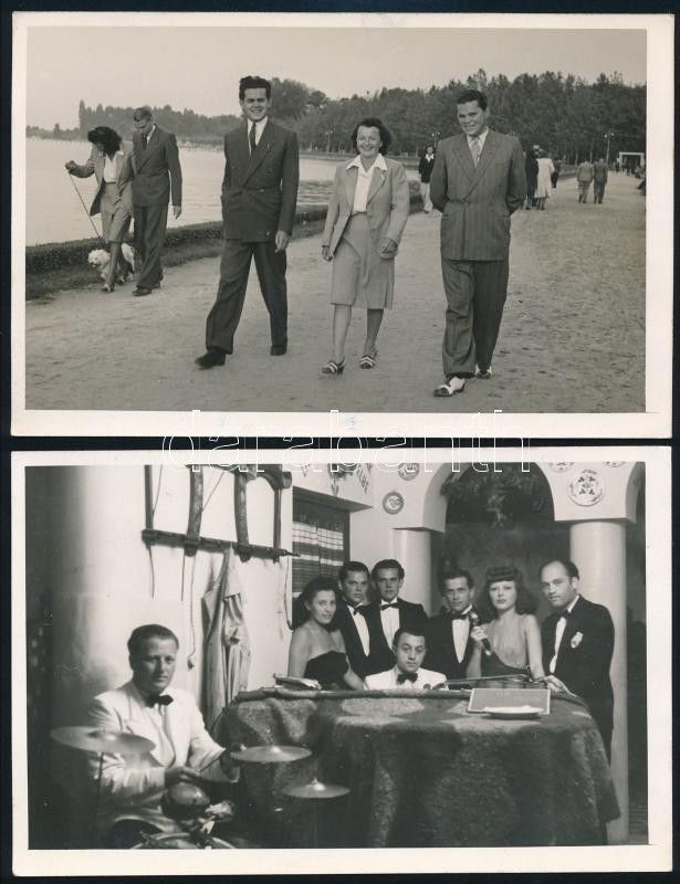 1941 Siófokon fellépő zenészek, énekesek, 2 db vintage fotó, az egyik feliratozott, 9x14 cm