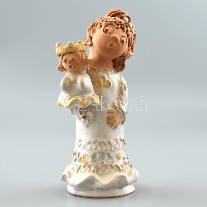 Antalfiné Szente Katalin: Kislány királylány babával, színes kerámia, hibátlan, jelzett, m: 21cm