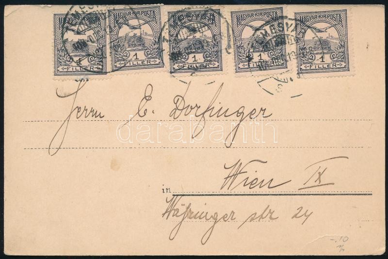 Képeslap 5 x Turul 1f bérmentesítéssel Temesvárról Bécsbe, Postcard with 5 x 1f franking from Timisoara to Vienna