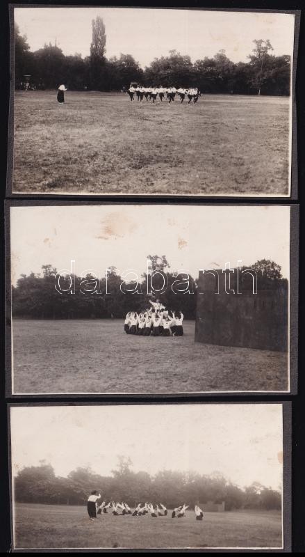 cca 1925 Mozgásművészeti óra lányoknak, 3 db vintage fotó, albumból kiemelve, 7x10,7 cm és 5,5x10 cm