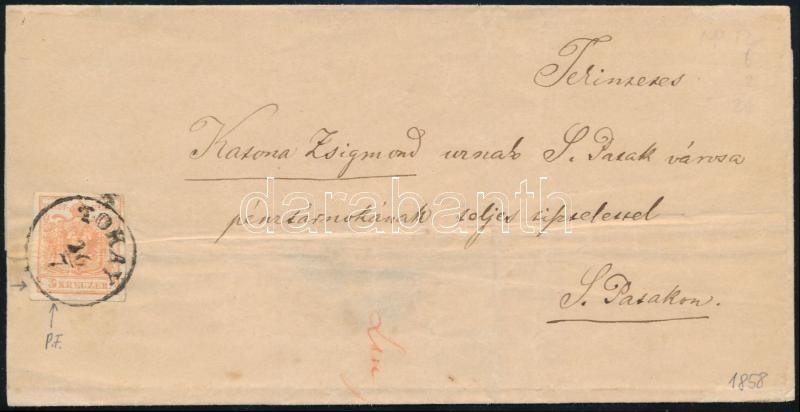 1858 3kr MP type III with nice margins (folded), with plate flaw, on domestic cover 