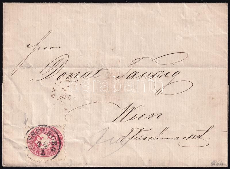 5kr cut with scissors on above, on domestic cover, 1864 5kr felül ollóval vágva távolsági levélen 