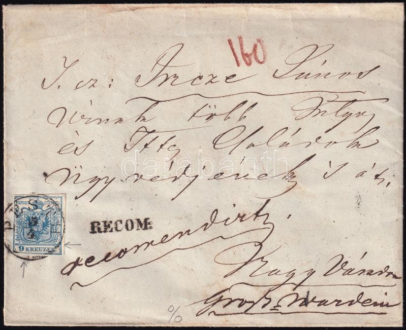 9kr + 6kr on registered domestic cover, 9kr with plate flaw, both HP III, ~1852 9kr távolsági ajánlott levél előoldalán, 6kr pedig a hátoldalán, mindkettő HP III., lemezhiba a 9kr bélyegen. 