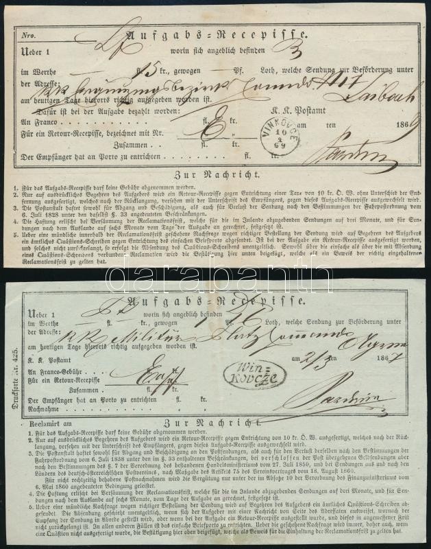 1867 + 1869 2 Aufgabs Recepisse with "VINKOVCE" and "WINKOVCZE" postmarks, 1867 + 1869 "VINKOVCE" és "WINKOVCZE" bélyegzés 2 db feladóvevényen