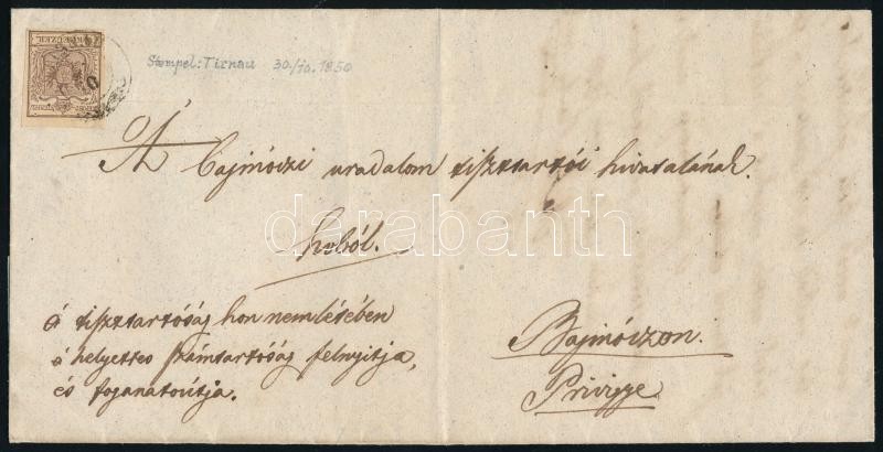 6kr HP type I with whole margins, erstdruck(!) and nice colour on domestic cover with full content (horizontal fold), dated 30.10.1850, 