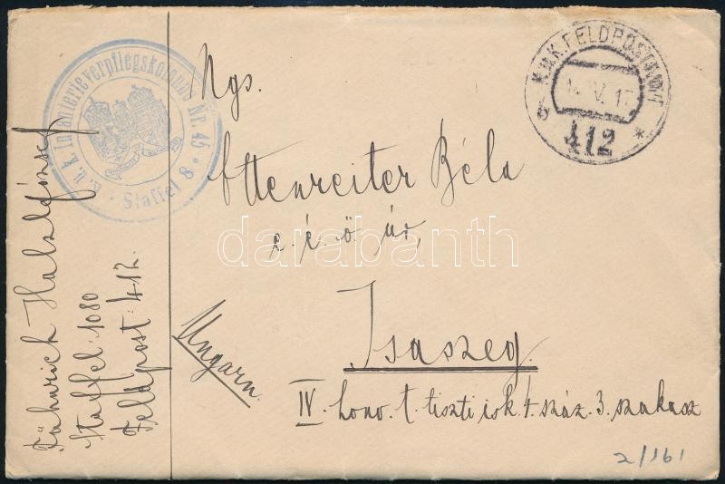 1917 Field post cover "K.u.k. Infanterieverpflegskolonne Nr.45. / Staffel 8" + "FP 412 b", 1917 Tábori posta levél "K.u.k. Infanterieverpflegskolonne Nr.45. / Staffel 8" + "FP 412 b"