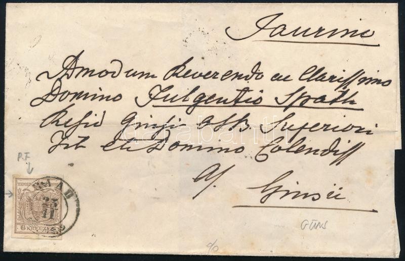 6kr HP Type I with nice whole margins and plate variety, on domestic cover "RAAB" - Güns, ca 1855 6kr HP Type I. teljes szép szélekkel, lemezhiba: fehér folt a sas jobb fejénél!! távolsági levélen "RAAB" - Güns (hátoldalon szép viaszpecsét)