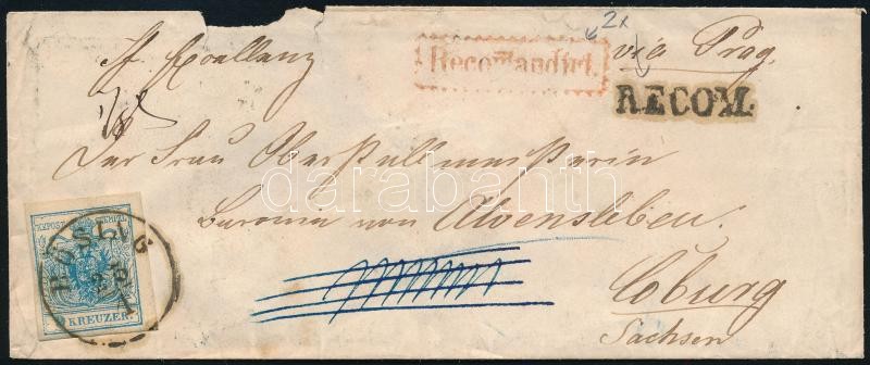 9kr MP Type III with nice whole margins on registered cover sent abroad. 6kr stamp missing from the back but a spectacular and rare piece nonetheless!, ~1852 9kr MP Type III, teljes szép szélekkel, külföldre küldött ajánlott levélen. A hátoldali 6kr hiányzik, de így is látványos, ritka küldemény! "BÖSING" + piros "Recomandirt" + fekete "RECOM" - Sachsen