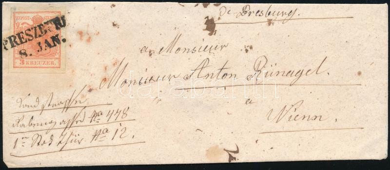 3kr HP Type I with nice margins, overinked piece on domestic cover with red arrival postmark. Spectacular piece!, ~1852 3kr HP Type I, szép szélekkel, túlfestékezett nyomat távolsági levélen. Hátoldalán piros érkezési bélyegzéssel, látványos szép darab! 