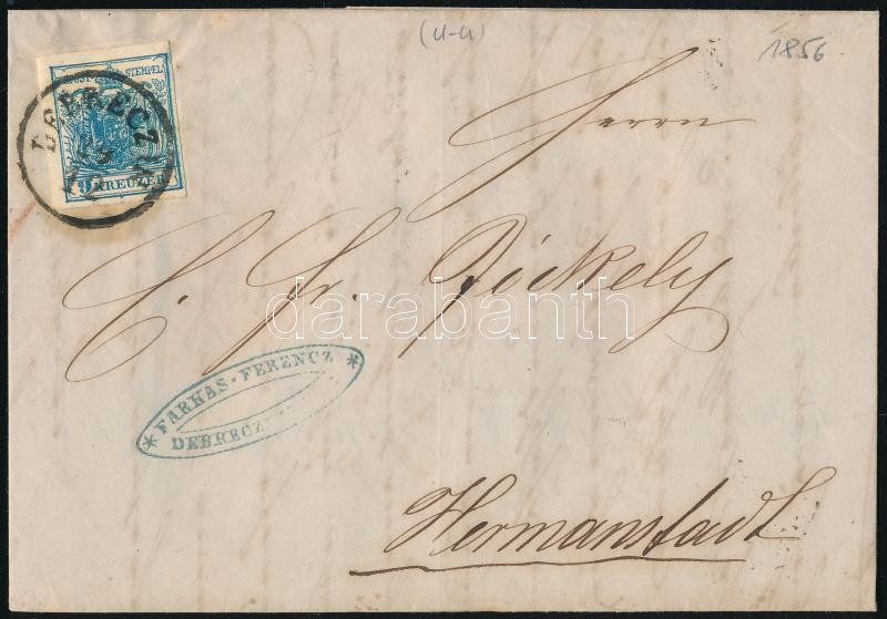 9kr MP Type III margin piece with nice whole margins on domestic cover with full content, "DEBRECZIN" - Hermanstadt, 9kr MP Type III ívszéli nyomat, teljes szép szélekkel távolsági levélen teljes tartalommal, "DEBRECZIN" - Hermanstadt