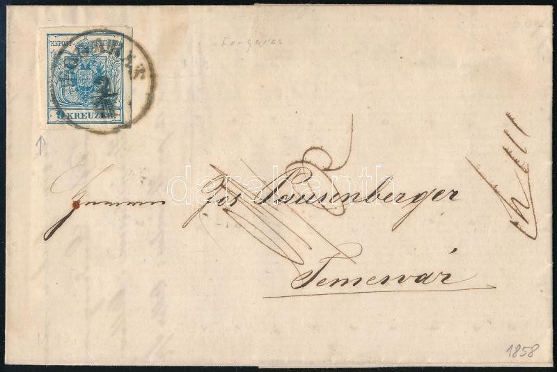 9kr MP Type III with nice margins, torn on the left side, not cut with scissors! on domestic cover with full content, "FOGARAS" - Temesvár, 9kr MP Type III szép szélekkel, a bal oldalon kézzel tépett, nem ollóval vágott! távolsági levélen teljes tartalommal "FOGARAS" - Temesvár