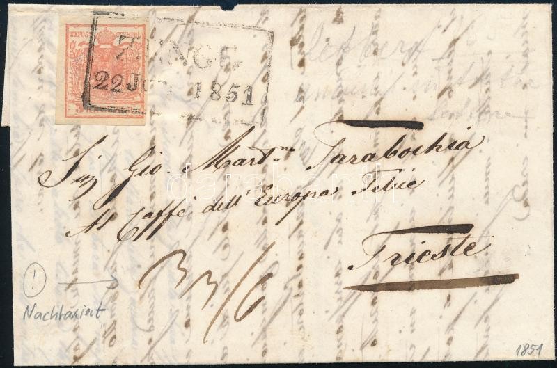 3kr HP Type I with nice whole margins, overinked piece with nice colour on domestic cover with full content. Postage due for 6kr and red arrival postmark. Spectacular, interesting and rare piece in nice condition!, 3kr HP Type I teljes, szép szélekkel, szép szín, túlfestékezett nyomat távolsági levélen teljes tartalommal. Alulbérmentesítve, ezért "3/3/6" portófeljegyzéssel, még 6kr megfizetésére kötelezve! Hátoldalon piros érkezési bélyegző. Látványos, érdekes, ritka darab, szép állapotban. "ZENGG / 1851" - Triest