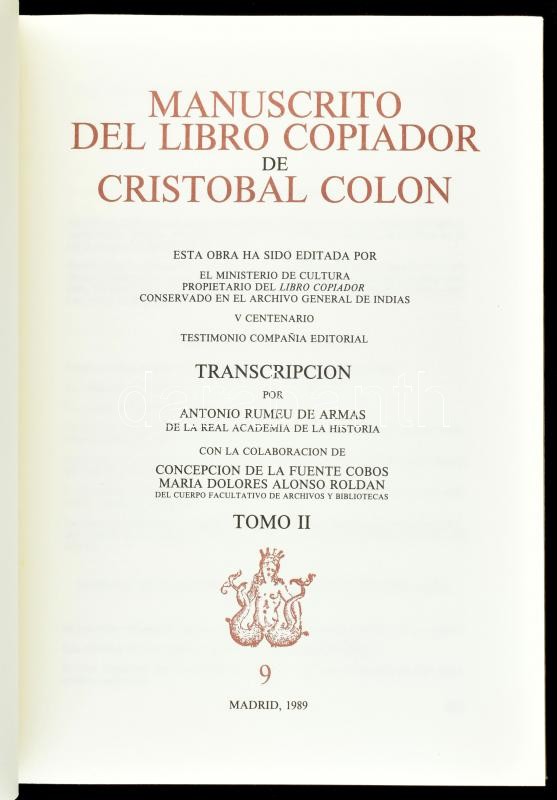 Rumeu de Armas, Antonio (szerk) Libro copiador de Cristóbal Colón
