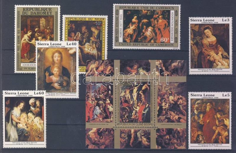 1975/1988 Rubens paintings 7 transatlantic stamps + 1 block, 1975/1988 Rubens festmények 7 tengerentúli bélyeg + 1 blokk, 1975/1988 Rubens-Gemälde 7 verschiedene Marken aus Übersee-Ländern + 1 Block