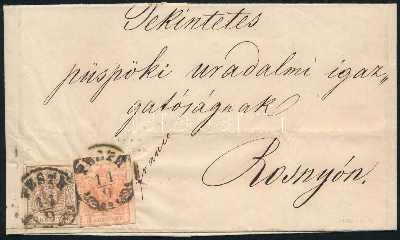 1856 6kr + 3kr MP Type III enyhén lépcsőzetesen felragasztva távolsági levélen / MP Type III on domestic cover "PESTH" - Rosnyó