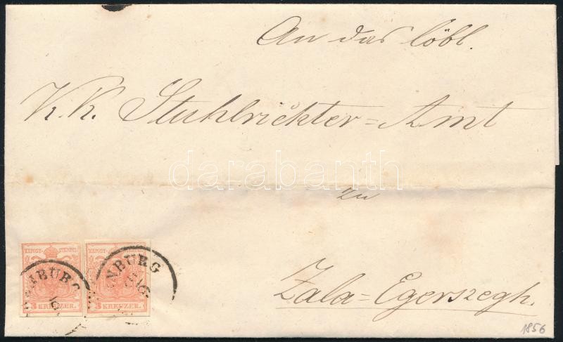 1856 2 x 3kr MP Type III liliputi vágás, távolsági levélen teljes tartalommal. Látványos, érdekes darab! / MP Type III on domestic cover with full content "(ÖDE)NBURG" - Zalaegerszeg