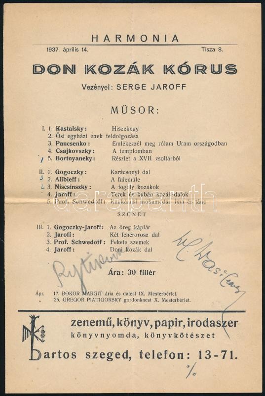1937 Szeged, Bokor Margit ária és dalestjének műsora a művész autográf