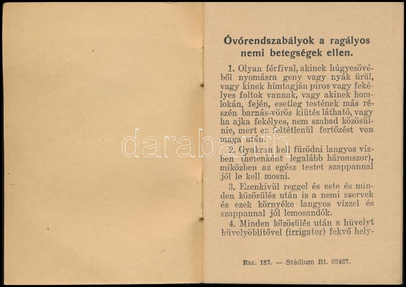 cca 1930 Óvórendszabályok a ragályos nemi betegségek ellen. Bp ...