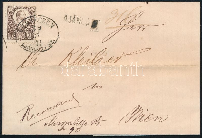 1872 Réznyomat 15kr ajánlott levélen / on registered cover 