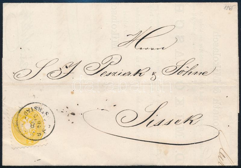 1865 2 kr sárga, szép élénk színű bélyeg nyomtatványon teljes tartalommal / 2kr yellow on printed matter 