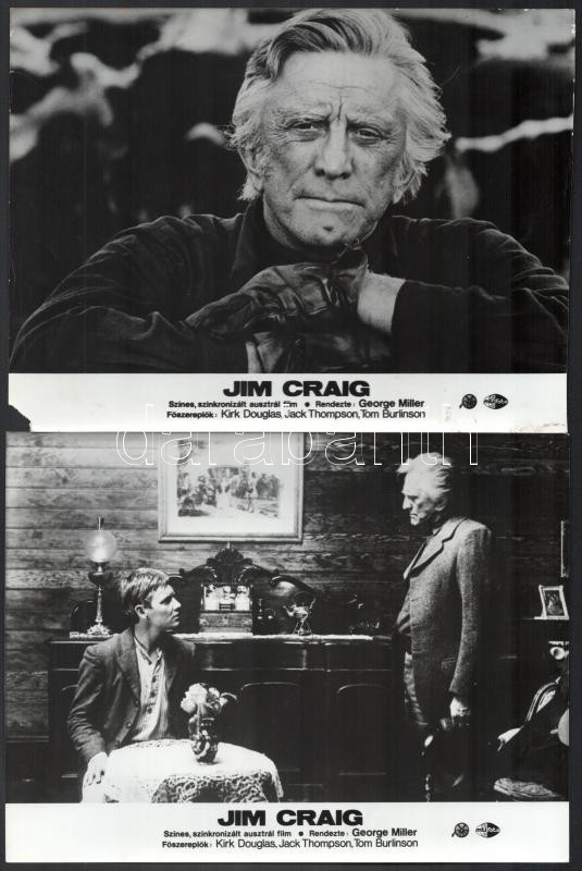 cca 1978 előtt készült, ,,Jim Craig" című ausztrál film jelenetei és szereplői (köztük Kirk Douglas, Jack Thomson, Tom Burlinson), 8 db vintage produkciós filmfotó, ezüst zselatinos fotópapíron, 18x24 cm