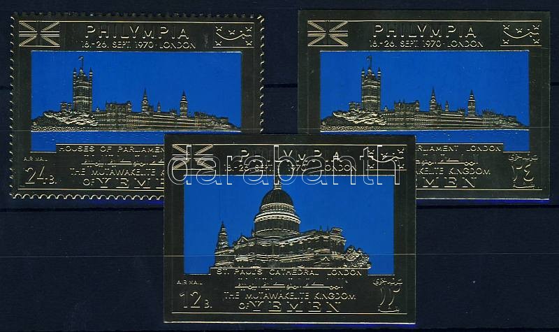 Briefmarkenausstellung PHILYMPIA gezähnte Marke + 2 ungezähnte Marken auf metallbeschichtetem Papier, Philimpia London fogazott + 2 vágott aranyfóliás bélyeg, Philimpia London perforated + 2 imperforated golden foiled stamps