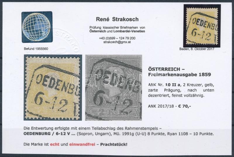 1858 2kr II. tipus sárga "OEDENBU(RG)" Certificate: Strakosch