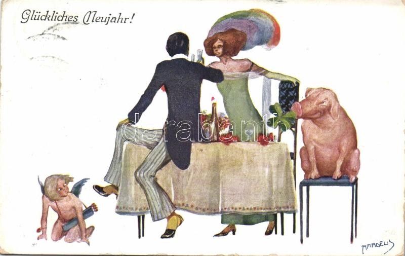 New Year, couple, Cupid, pig, champagne, B.K.W.I. 3030-4. s: Amadelis, Újév, pár, Kupidó, malac, pezsgő, B.K.W.I. 3030-4. s: Amadelis