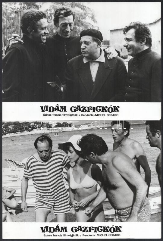 cca 1972 ,,Vidám gazfickók" francia film jelenetei és szereplői, 13 db vintage produkciós filmfotó, ezüst zselatinos fotópapíron, a használatból eredő (esetleges) kisebb hibákkal, 18x24 cm