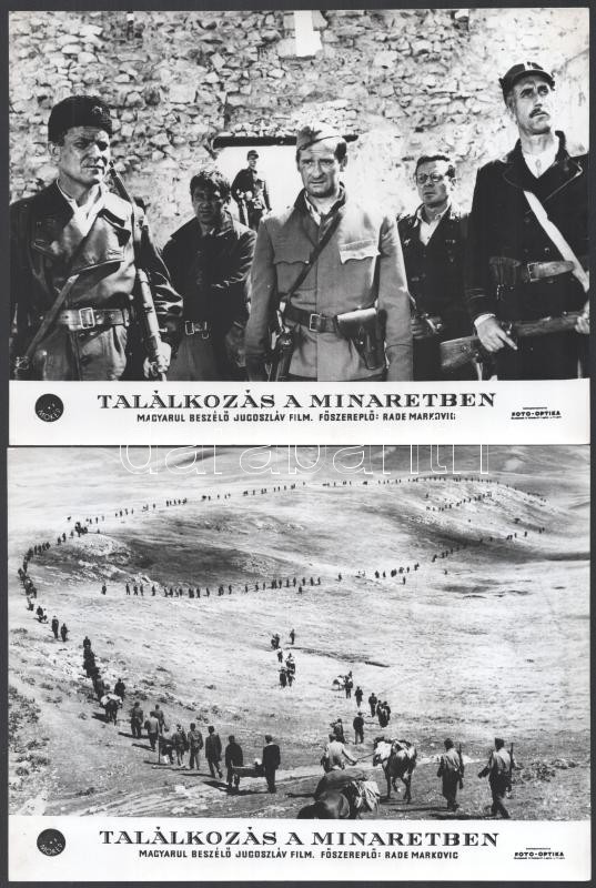 cca 1967 ,,Találkozás a minaretben" című jugoszláv film jelenetei és szereplői, 13 db vintage produkciós filmfotó, ezüst zselatinos fotópapíron, a használatból eredő (esetleges) kisebb hibákkal, + hozzáadva egy szöveges kisplakát, 18x24 cm