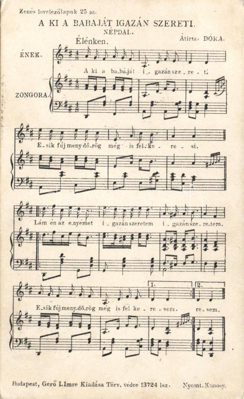 1899 Hungarian folk song music sheet, 1899 Aki a babáját igazán szereti... Magyar népdal kotta