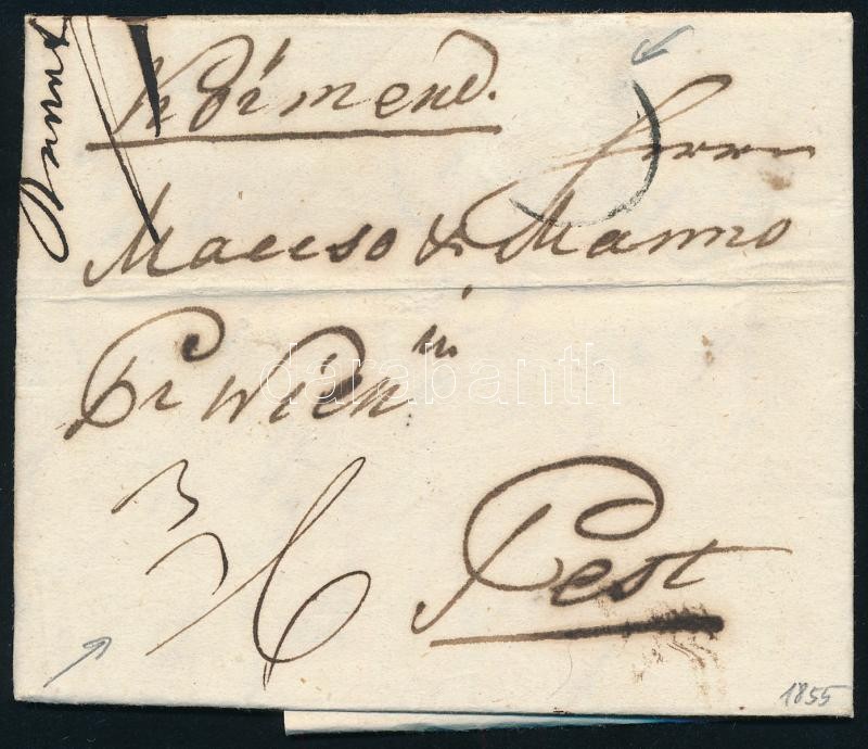 1855 Cover, missing stamp on the front, 1855 Levél Körmendről Pestre, a címoldalról 1 bélyeget letéptek, és megportózták ?! Érdekes, megfejtendő darab!
