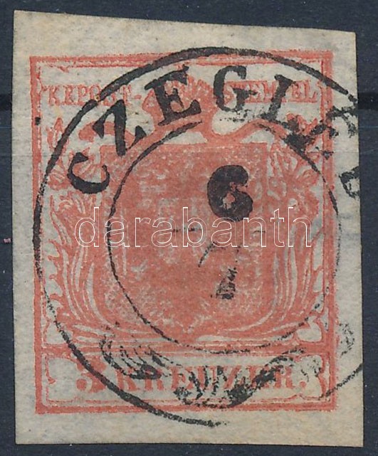 1850 3kr type Ib. carmine, nice margint and watermark detail, paper: 0,07 mm. 
