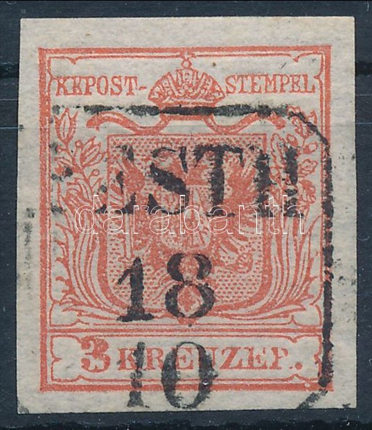 1850 3kr HP type Ia. cinóber piros, lemezhiba a 3-as számjegynél 