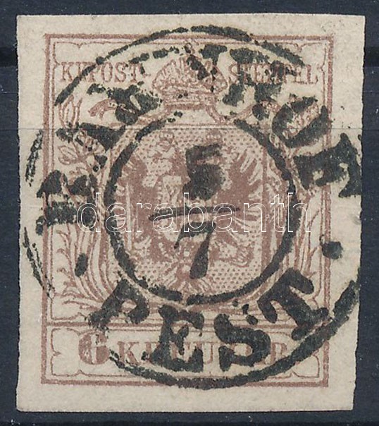 1850 6kr HP type III, chocolate brown with nice margins. centered "BAHNHOF / PEST" Certificate: Steiner, 1850 6kr HP type III, csokoládébarna, szép szélekkel. szépen centrált "BAHNHOF / PEST" Certificate: Steiner