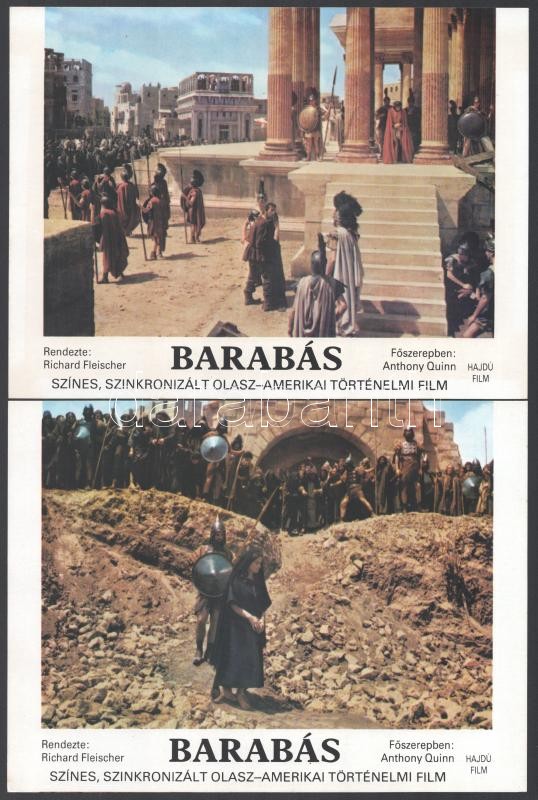 cca 1962 Anthony Quinn főszereplésével, a ,,Barabás" című olasz - amerikai történelmi film jelenetei és szereplői, 12 db produkciós filmfotó, nyomdatechnikával sokszorosítva, egyoldalas nyomtatással, kartonlapokra, 18x24 cm