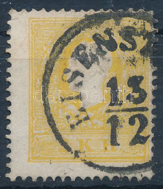 1858 2kr type IIa. sötétsárga, a bélyegkép erősen jobbra tolódott, a jobb felső sarokfog sérült 
