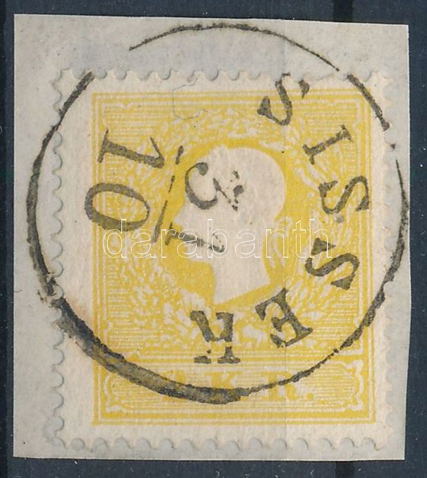 1858 2kr type IIa., sárga, kissé jobbra decentrált, szép dombornyomású darab kivágáson 