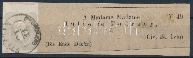 ~1861 Newspaper stamp on wrapper piece. "ST. IVAN", ~1861 Hírlapbélyeg a szomszéd bélyeg darabjával vágva címszalag darabon "ST. IVAN"