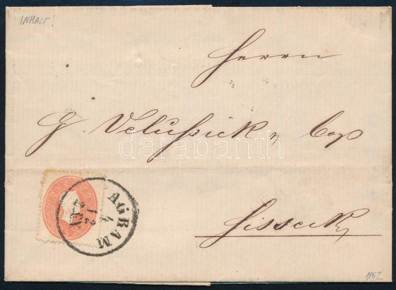1862 5kr festékfoltos, számlalevélen / with paint spots on letter with invoice 