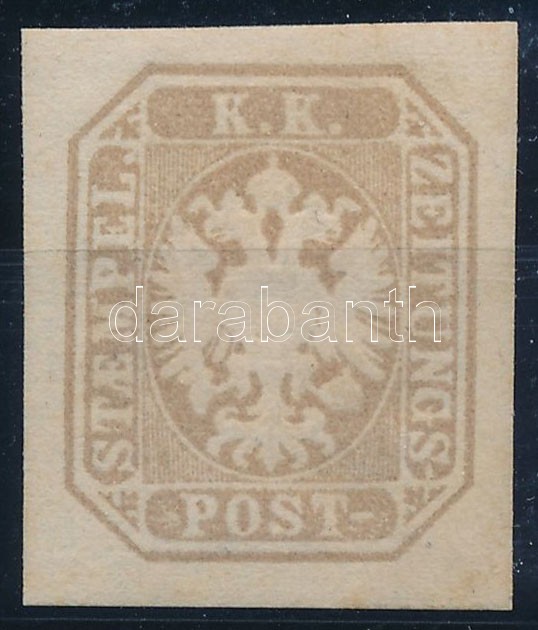 1863 Newspaper stamp greyish brown with original gum and nice margins. Certificate: Strakosch, 1863 Hírlapbélyeg szürkésbarna, eredeti gumival, nagyon szép szélekkel Certificate: Strakosch