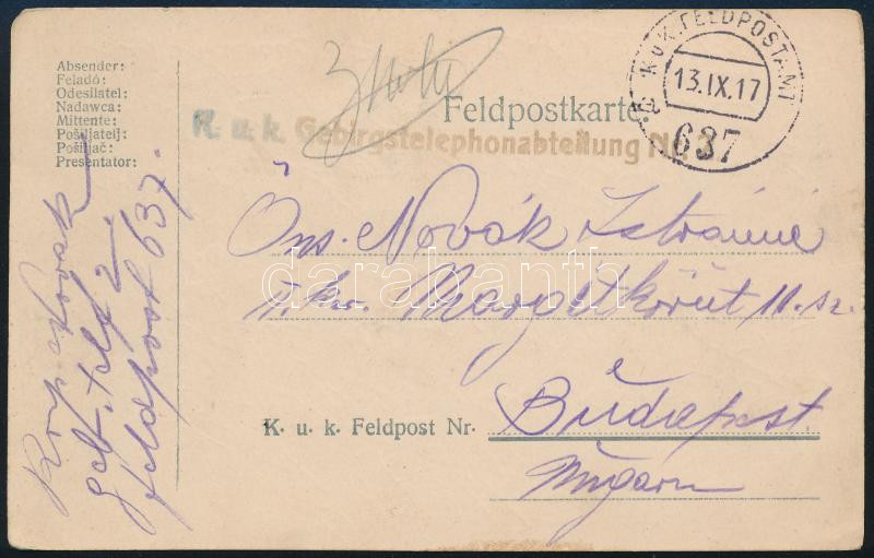 1917 Tábori posta levelezőlap "K.u.k. Gebirgstelephonabteilung Nr. 2." + "FP 637 a", 1917 Field postcard "K.u.k. Gebirgstelephonabteilung Nr. 2." + "FP 637 a"