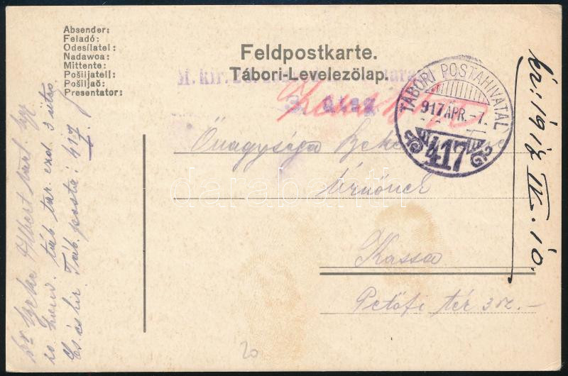 1917 Field postcard "M. kir. 20. honvéd tábori tarack ezred 3. üteg" + "TP 417", 1917 Tábori posta levelezőlap "M. kir. 20. honvéd tábori tarack ezred 3. üteg" + "TP 417"