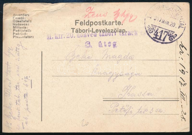 1917 Field postcard "M. kir. 20. honvéd tábori tarack ezred 3. üteg" + "TP 417", 1917 Tábori posta levelezőlap "M. kir. 20. honvéd tábori tarack ezred 3. üteg" + "TP 417"