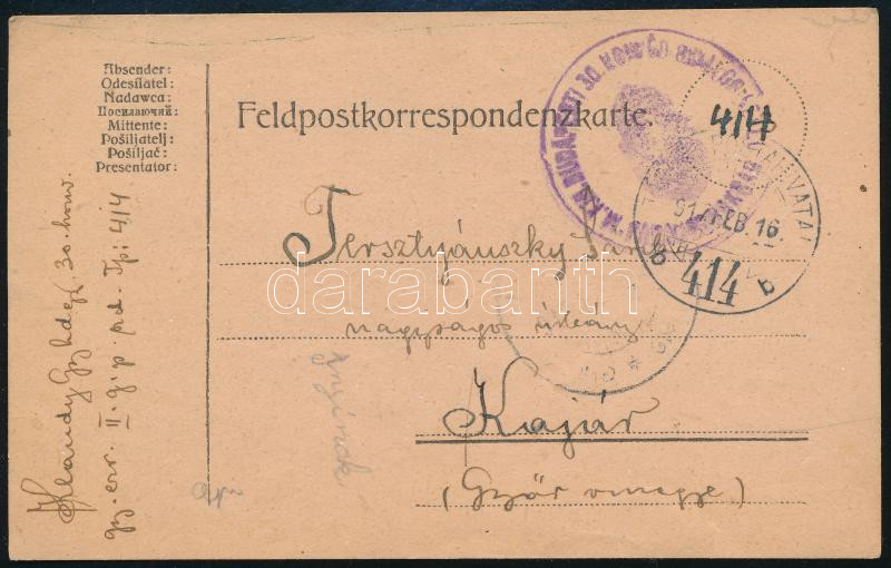 1917 Field postcard "M.KIR. BUDAPESTI 30. HONVÉD GYALOG EZRED PARANCSNOKSÁG" + "TP 414 b", 1917 Tábori posta levelezőlap "M.KIR. BUDAPESTI 30. HONVÉD GYALOG EZRED PARANCSNOKSÁG" + "TP 414 b"