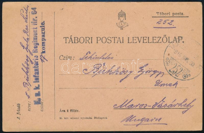 1916 Tábori posta levelezőlap 