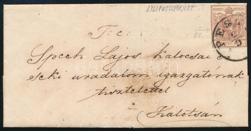 ~1853 6kr HP III vörösbarna lemezhibás bélyeg lilliputi vágással levélen 